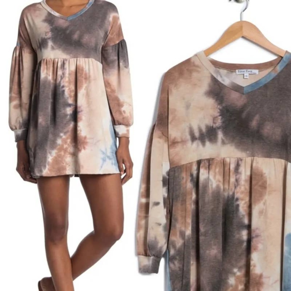 Velvet Torch Tie Dye V-Neck Babydoll Popover Dress Long Sleeve Brown Blue